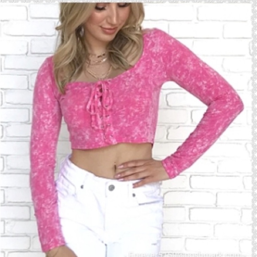 Boho tie dye pink crop top long sleeves size L* (fits like M) NWT